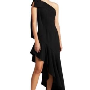 Marchesa Notte Ebro Asymmetrical Dress One Shoulder Stretch Crepe Black 2 NEW